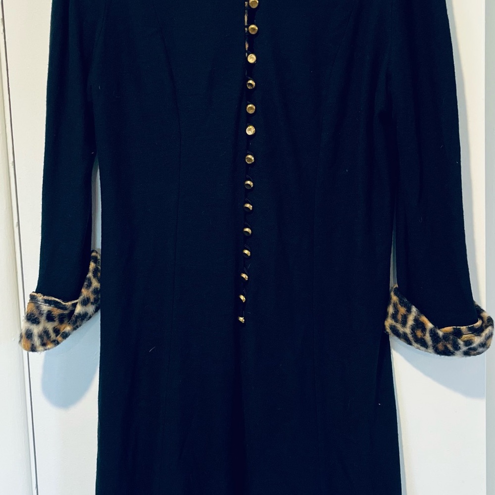 Vintage Black Wool Dress with Leopard Print Cuffs and Brass Buttons - Picture 1 of 3